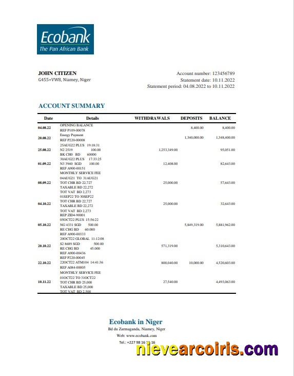 Niger Ecobank bank statement Excel and PDF